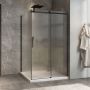Porte de douche 48 po x Minia 42 po en coin noir mat fermeture sur retour mur à droite porte à gauche en noir mat et verre flûte