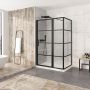 Porte de douche 54 po x Materia 36 po en coin noir mat rectangulaire porte décentrée mur à gauche