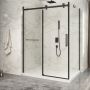 Porte de douche 60 po x Piazza 2.0 42 po en coin noir mat fermeture sur retour mur à gauche porte à droite