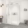 Porte de douche 48 po x Vague 42 po en coin chrome fermeture sur retour mur à gauche porte à droite