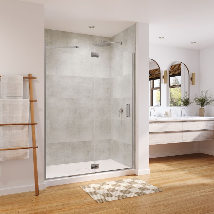 Porte de douche pivot Azelia 60 x 74 po, 6 mm pour installation en alcôve avec verre clair et fini chrome