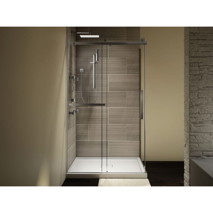 Porte de douche coulissante Exalt 48 x 32 x 78 po, pour installation en coin avec verre clair et fini noir mat
