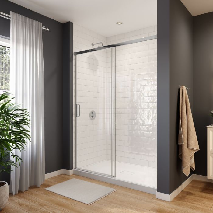 Porte de douche coulissante Sella 60 x 74 po, 8 mm pour installation en alcôve avec verre clair et fini chrome