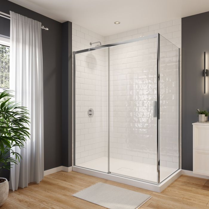 Porte de douche coulissante Sella 60 x 32 x 74 po, 8 mm pour installation en coin avec verre clair et fini chrome
