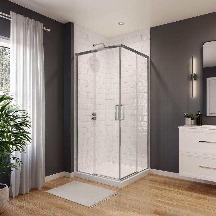 Porte de douche coulissante Sella 36 x 36 x 74 po, 8 mm pour installation en coin avec verre clair et fini chrome