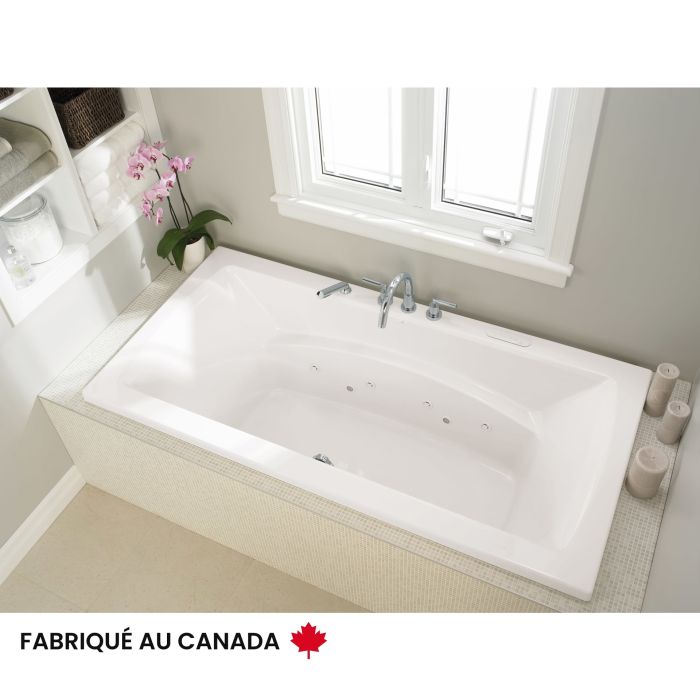 Believe 6642 Baignoire blanche podium en acrylique avec drain central et système Mass-Air