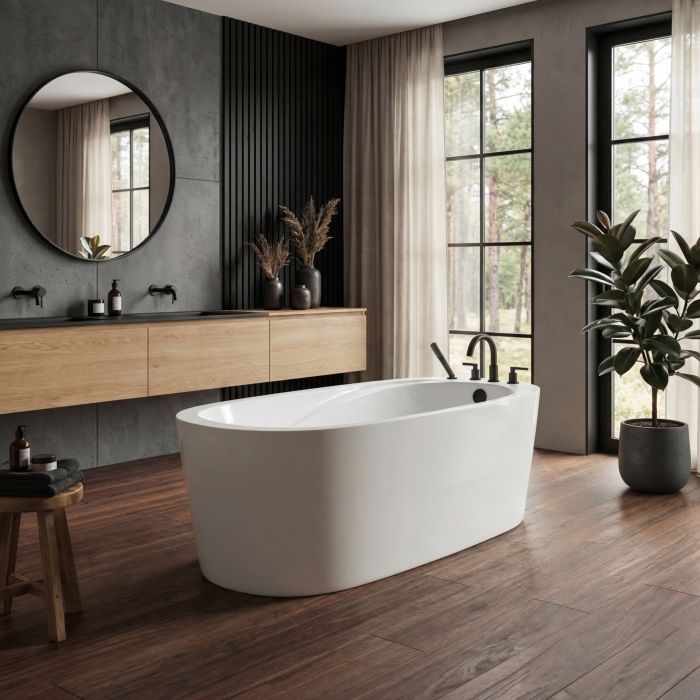Vapora F1 6636 Baignoire blanche autoportante en acrylique avec drain reversible et système Mass-Air & Activ-Air