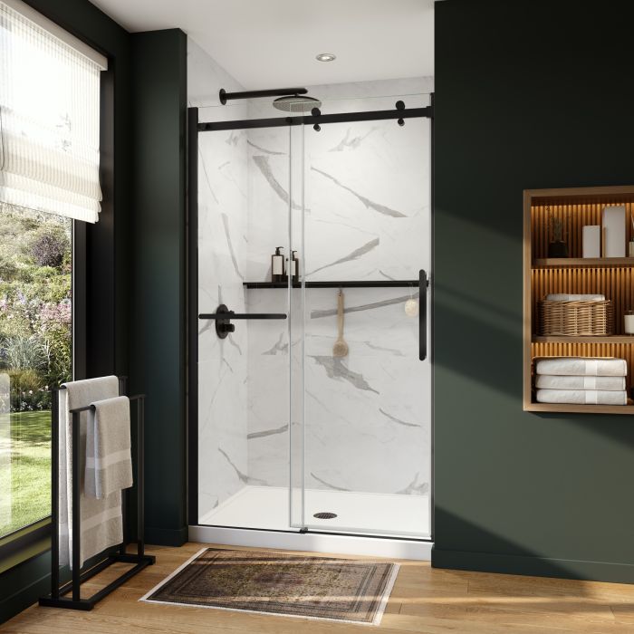 Douche Axion Porte de avec porte-serviette coulissante 44 1/2-47 x 78 3/4 po, 8 mm pour installation en alcôve avec verre clair et fini chrome