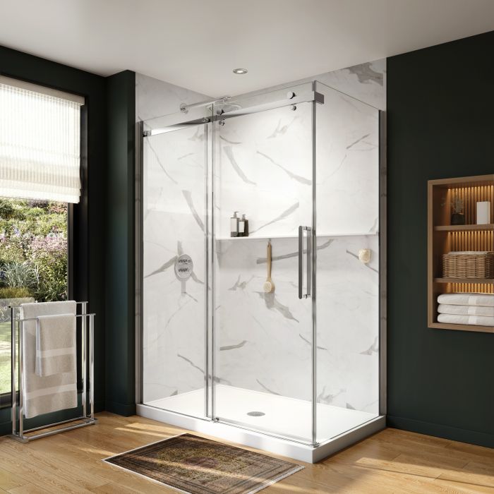 Porte de douche coulissante Axion 60 x 32 x 78 3/4 po, 8 mm pour installation en coin avec verre clair et fini chrome