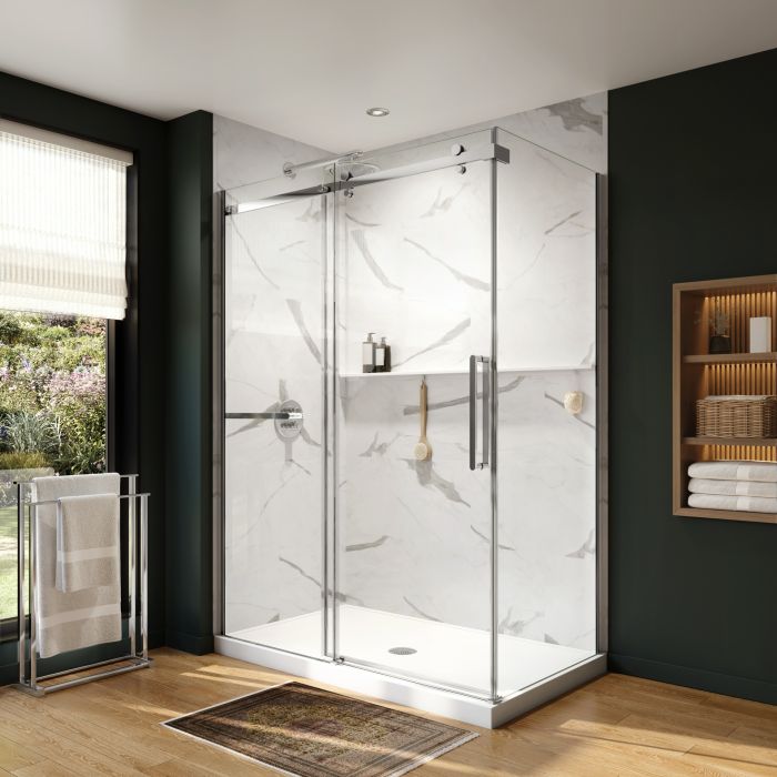 Douche Axion Porte de avec porte-serviette coulissante 60 x 36 x 78 3/4 po, 8 mm pour installation en coin avec verre clair et fini chrome