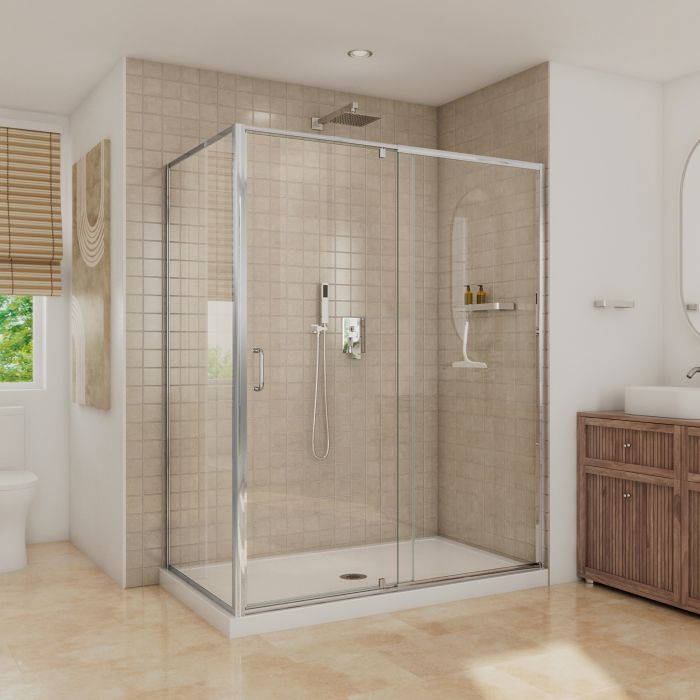 Porte de douche pivot Belaya 60 x 36 x 72 po, 6 mm pour installation en coin avec verre clair et fini chrome