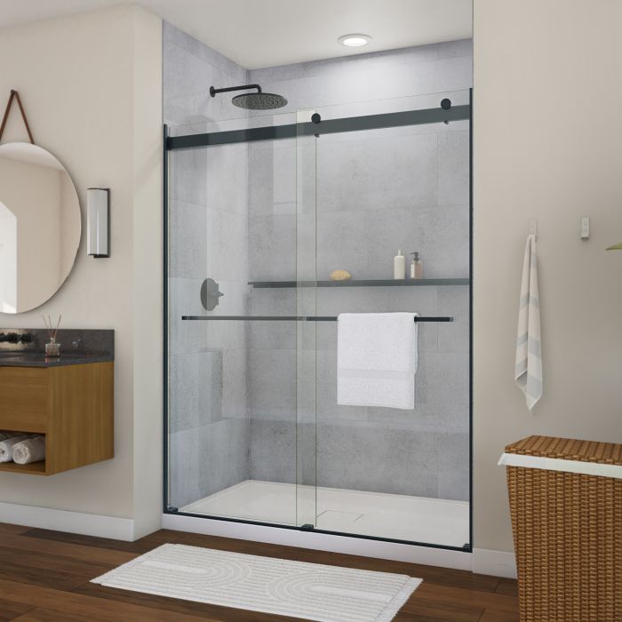 Douche Barena Porte de bidirectionnelle 56-60 x 76 po, 8 mm pour installation en alcôve avec verre clair et fini noir mat