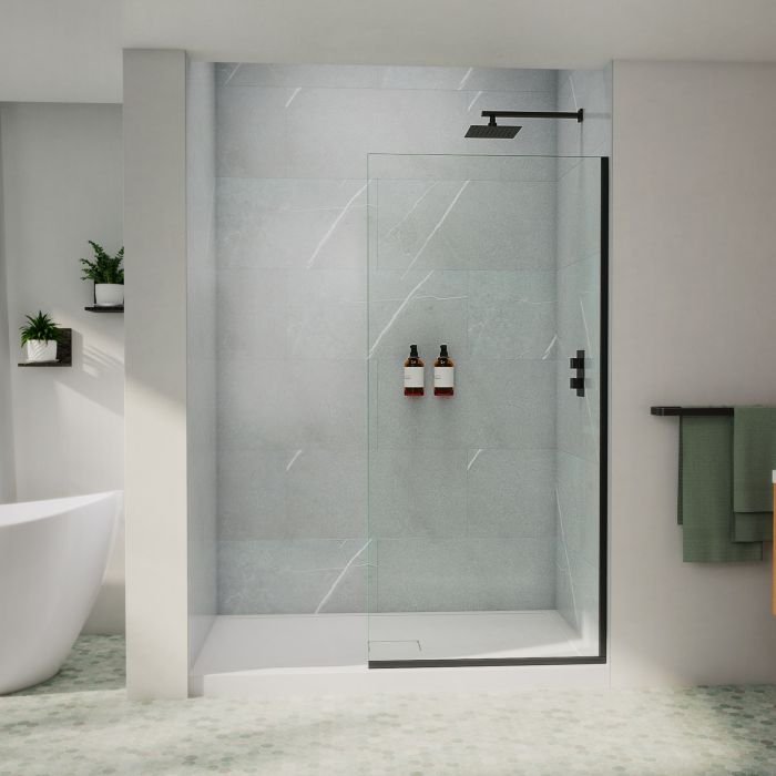 Douche Reka Écran de 34 x 72 po, 10 mm pour installation en alcôve avec verre clair et fini noir mat