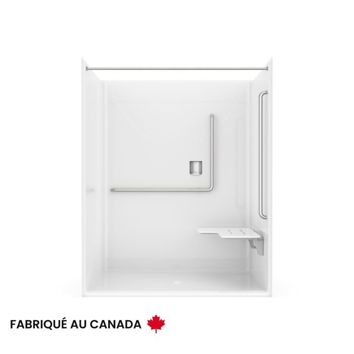Douche Banff BFS-6036F blanche une pièce pour alcôve en AcrylX™ conforme à la norme NBC avec siège Naugahyde rectangulaire à droite et drain central