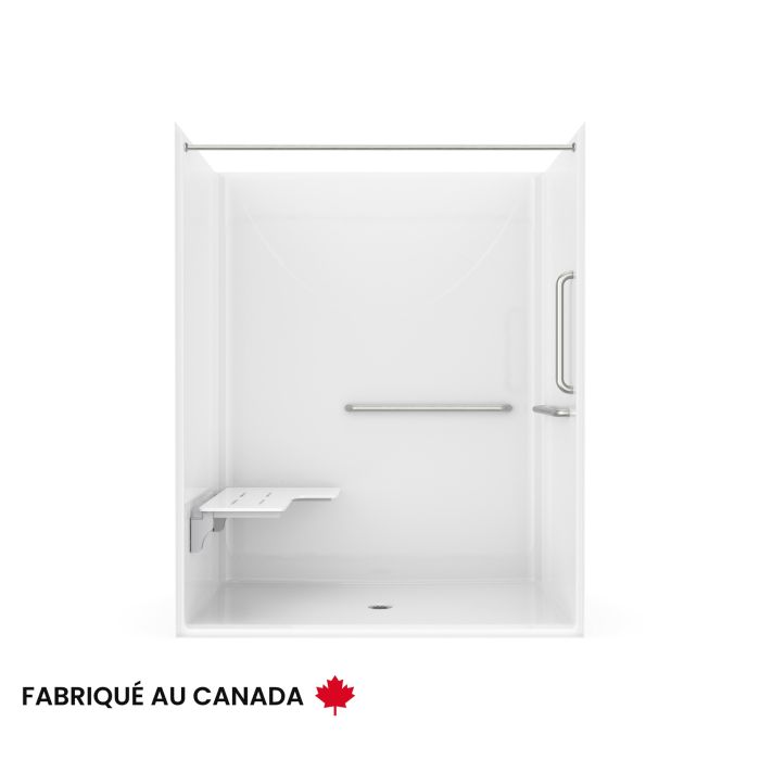 Douche Banff BFS-6036F blanche une pièce pour alcôve en AcrylX™ conforme à la norme ADA/ANSI avec siège Naugahyde en "L" à gauche et drain central