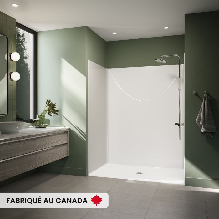 Douche Banff BFS-6036F blanche une pièce pour alcôve en AcrylX™ avec drain central