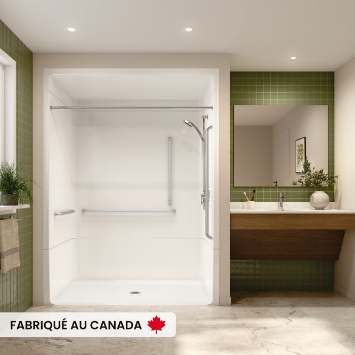 Douche Banff BFS-6036A blanche trois pièces pour alcôve en acrylique conforme à la norme CSA avec barres d'appuis à droite, drain central et seuil vertical