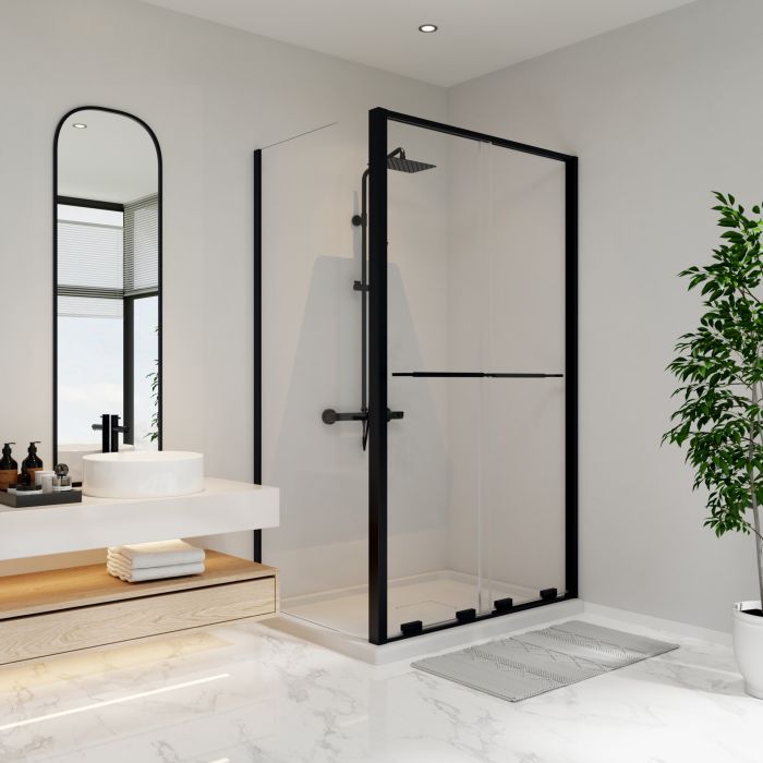 Porte de douche coulissante Solani 48 x 36 x 79 3/4 po, 8 mm pour installation en coin avec verre clair et fini noir mat