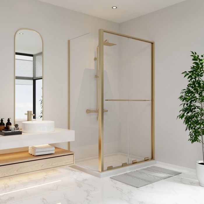 Porte de douche coulissante Solani 48 x 36 x 79 3/4 po, 8 mm pour installation en coin avec verre clair et fini or brossé