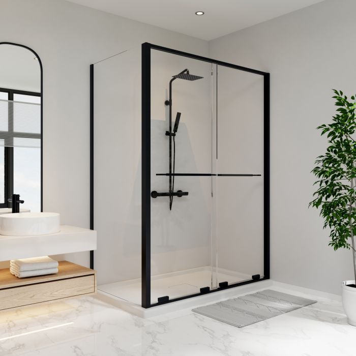 Porte de douche coulissante Solani 60 x 36 x 79 3/4 po, 8 mm pour installation en coin avec verre clair et fini noir mat