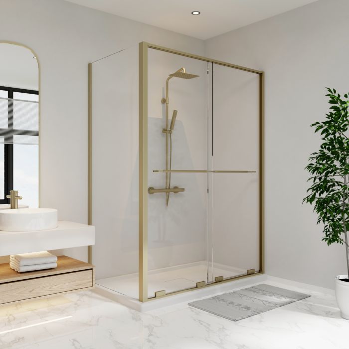 Porte de douche coulissante Solani 60 x 36 x 79 3/4 po, 8 mm pour installation en coin avec verre clair et fini or brossé