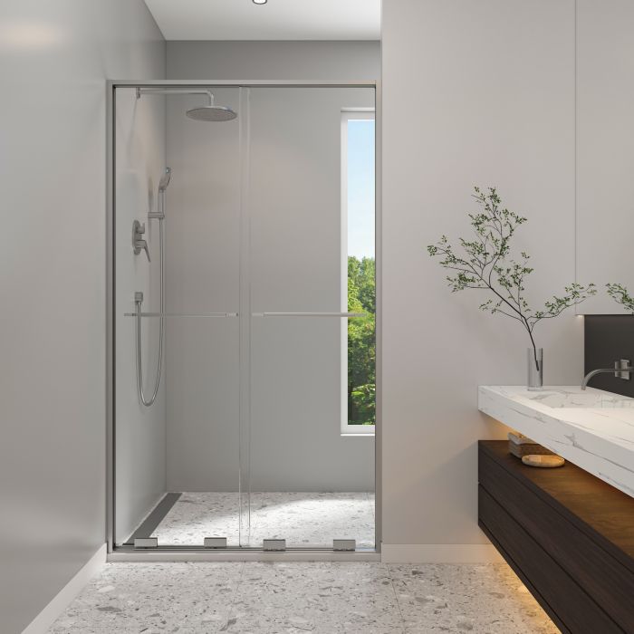 Douche Solani Porte de bidirectionnelle 45 - 47 1/2 x 79 3/4 po, 8 mm pour installation en alcôve avec verre clair et fini chrome