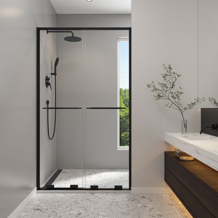 Douche Solani Porte de bidirectionnelle 45 - 47 1/2 x 79 3/4 po, 8 mm pour installation en alcôve avec verre clair et fini noir mat