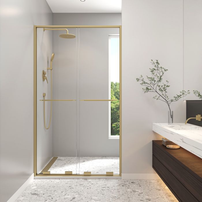 Douche Solani Porte de bidirectionnelle 45 - 47 1/2 x 79 3/4 po, 8 mm pour installation en alcôve avec verre clair et fini or brossé