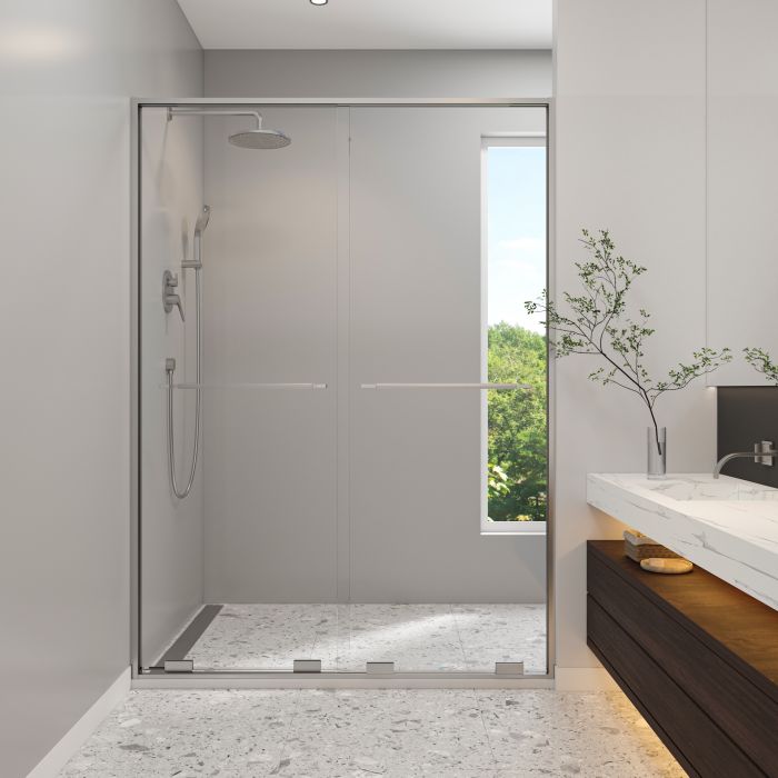 Douche Solani Porte de bidirectionnelle 57 - 59 1/2 x 79 3/4 po, 8 mm pour installation en alcôve avec verre clair et fini chrome