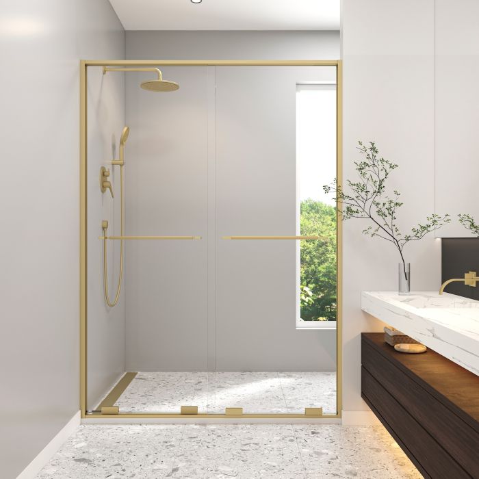 Douche Solani Porte de bidirectionnelle 57 - 59 1/2 x 79 3/4 po, 8 mm pour installation en alcôve avec verre clair et fini or brossé