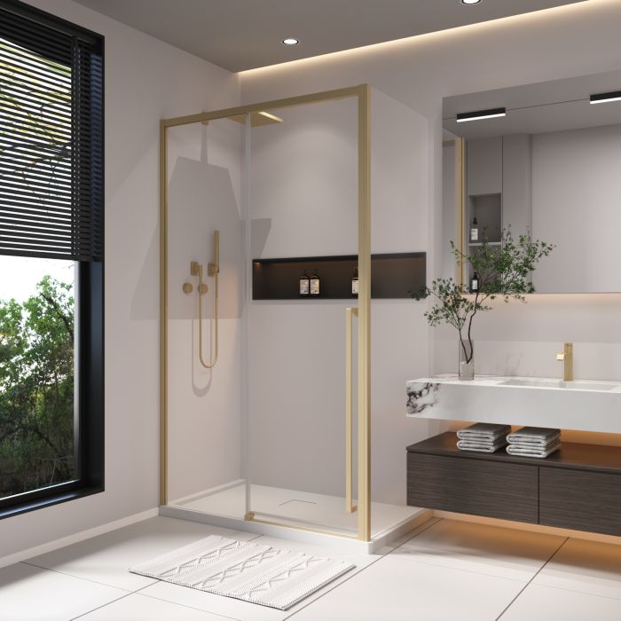 Porte de douche coulissante Kaveri 48 x 36 x 79 3/4 po, 8 mm pour installation en coin avec verre clair et fini or brossé