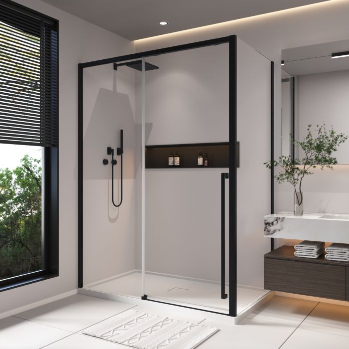 Porte de douche coulissante Kaveri 60 x 36 x 79 3/4 po, 8 mm pour installation en coin avec verre clair et fini noir mat
