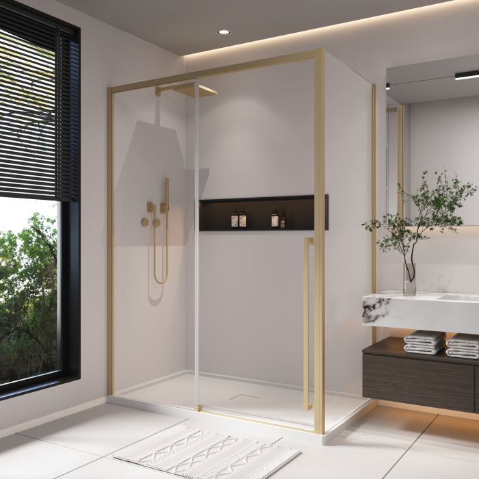 Porte de douche coulissante Kaveri 60 x 36 x 79 3/4 po, 8 mm pour installation en coin avec verre clair et fini or brossé