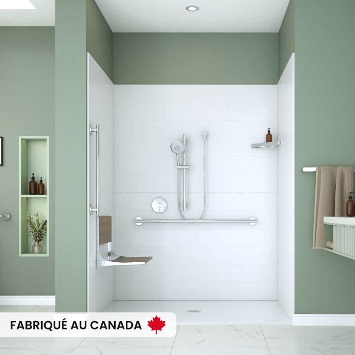 Base de douche Aspire 6238 blanche pour alcôve en acrylique avec fond antidérapant et drain central Ignifuge en Chrome