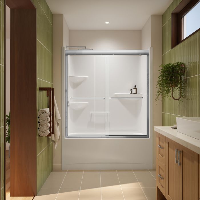 Porte de baignoire bidirectionnelle Misca 51-55 x 57 po, 6 mm pour installation en alcôve avec verre clair et fini chrome