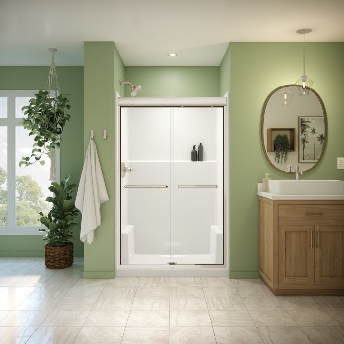 Douche Misca Porte de bidirectionnelle 43-47 x 71 po, 6 mm pour installation en alcôve avec verre clair et fini nickel brossé