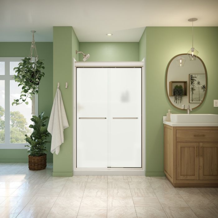 Douche Misca Porte de bidirectionnelle 43-47 x 71 po, 6 mm pour installation en alcôve avec verre givré et fini nickel brossé