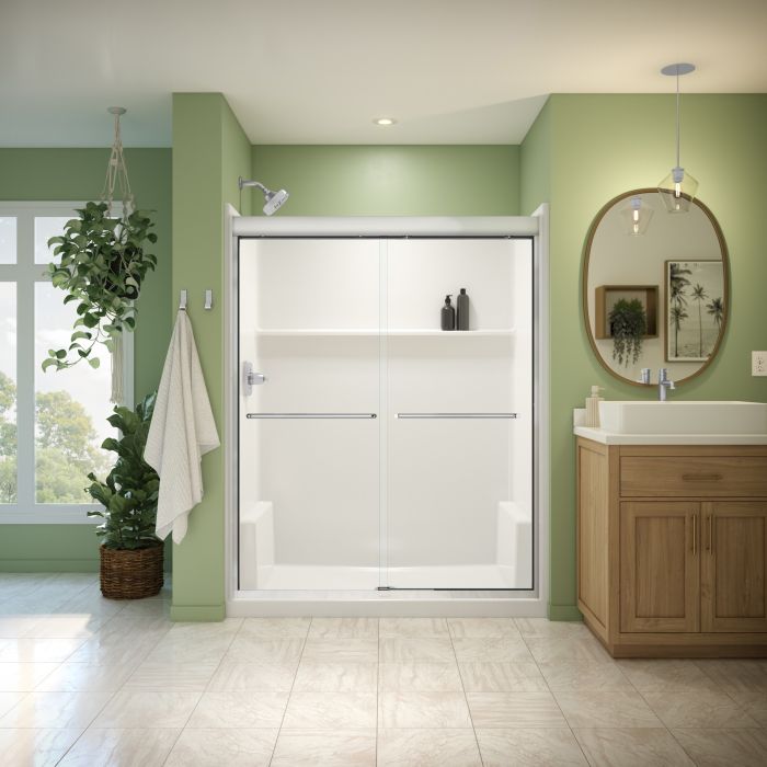 Douche Misca Porte de bidirectionnelle 55-59 x 71 po, 6 mm pour installation en alcôve avec verre clair et fini chrome