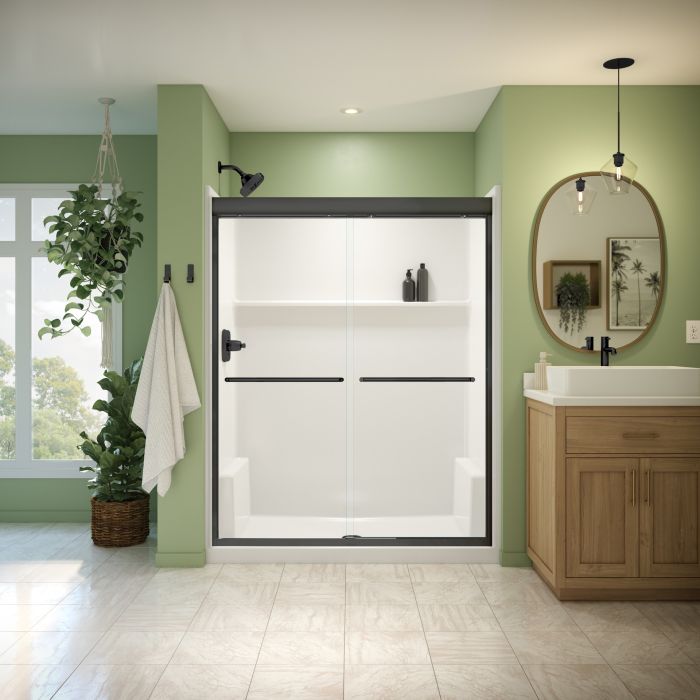 Douche Misca Porte de bidirectionnelle 55-59 x 71 po, 6 mm pour installation en alcôve avec verre clair et fini noir mat