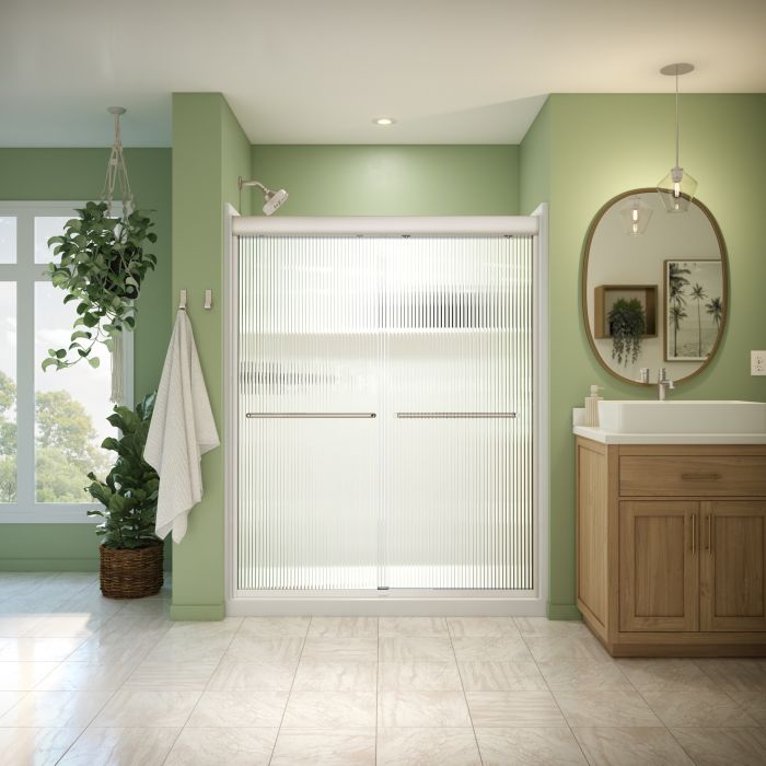 Douche Misca Porte de bidirectionnelle 55-59 x 71 po, 6 mm pour installation en alcôve avec verre fluté et fini nickel brossé