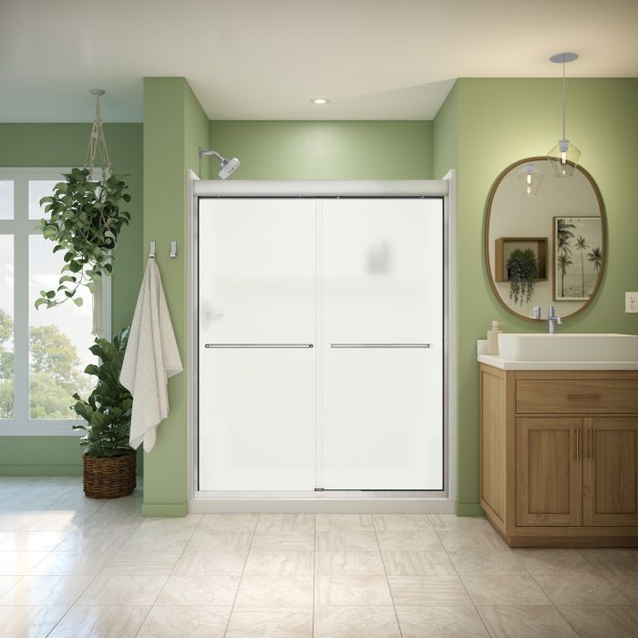 Douche Misca Porte de bidirectionnelle 55-59 x 71 po, 6 mm pour installation en alcôve avec verre givré et fini chrome