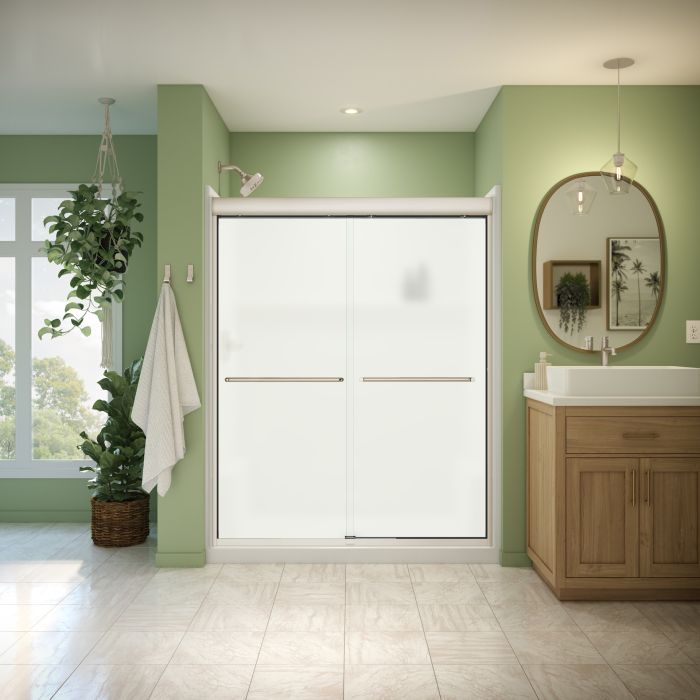 Douche Misca Porte de bidirectionnelle 55-59 x 71 po, 6 mm pour installation en alcôve avec verre givré et fini nickel brossé