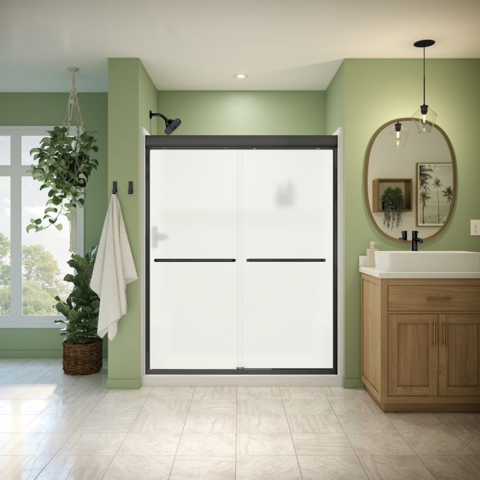 Douche Misca Porte de bidirectionnelle 55-59 x 71 po, 6 mm pour installation en alcôve avec verre givré et fini noir mat