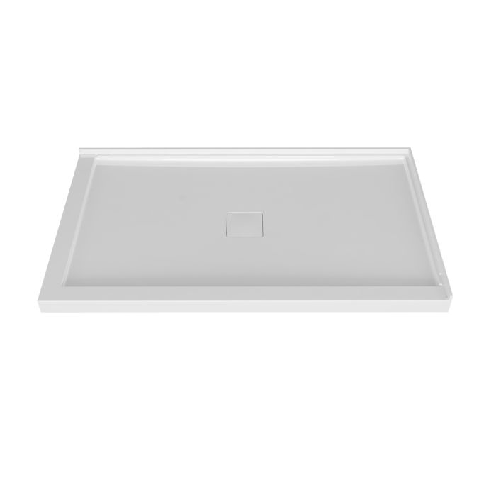 Base de douche Avec cache drain magnétique 54 x 36 po blanc lustré en coin mur à droite en blanc lustré