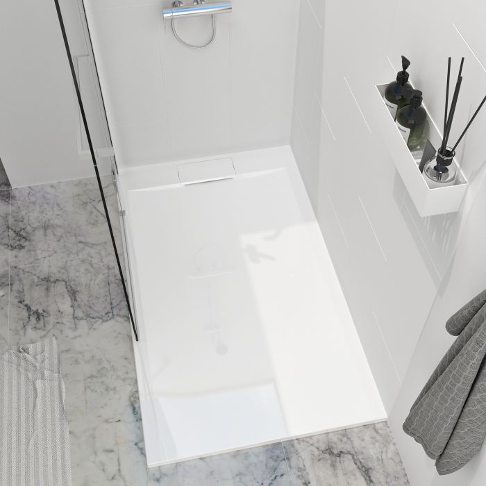 Base de douche Liss 60 x 36 po blanc lustré en alcôve drain à droite en blanc lustré