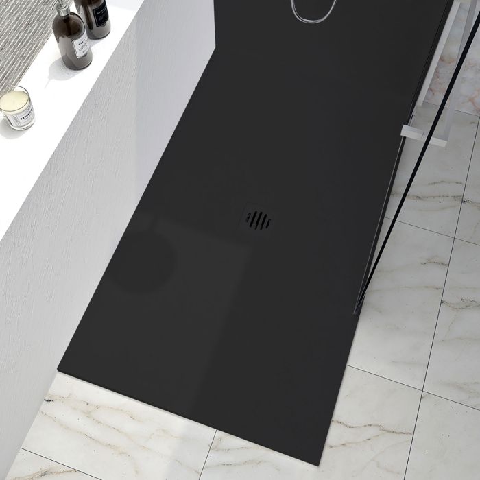 Base de douche Slate 60 x 36 po noir en coin mur à droite