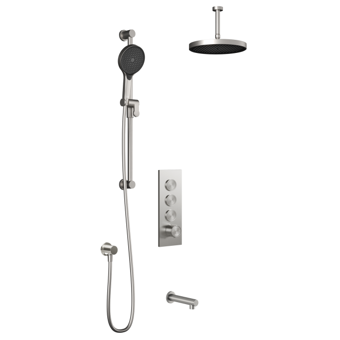 Plus - RoundOne TB3 Ensemble de douche à boutons-poussoirs (sans valve) - Bras vertical - Nickel pur PVS