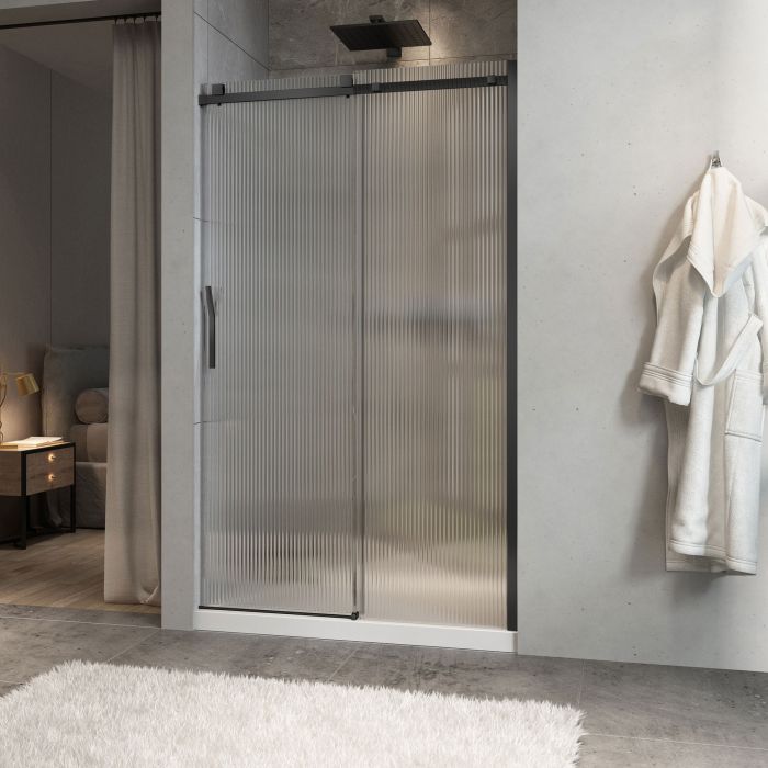 Porte de douche Minia 48 po en alcôve noir mat porte à gauche en noir mat et verre flûte