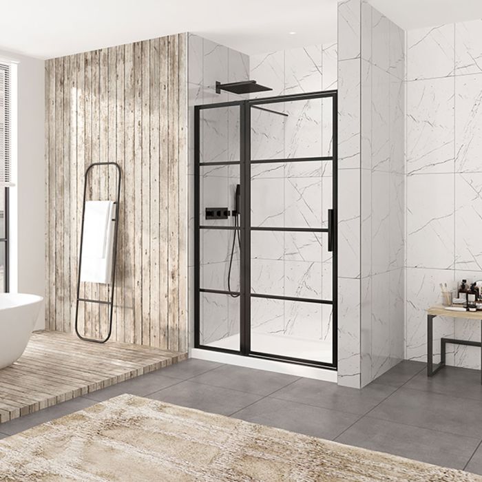 Porte de douche Materia 54 po en alcôve noir mat rectangulaire porte décentrée