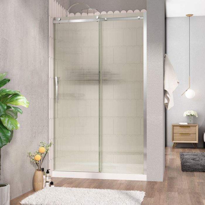 Porte de douche Vaia 48 po en alcôve chrome porte à gauche en chrome et verre flûte